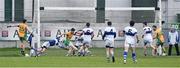 14 February 2015; Martin Farragher shoots past St Vincent's goalkeeper Michael Savage and full back Jarlath Curley to score a goal for Corofin late in the first half. AIB GAA Football All-Ireland Senior Club Championship, Semi-Final, Corofin v St Vincent's. O'Connor Park, Tullamore, Co. Offaly. Picture credit: Ray McManus / SPORTSFILE