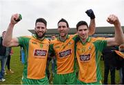 14 February 2015; Corofin players, from left, Conor Cunningham, Michael Farragher and Martin Farragher celebrate after the game. St AIB GAA Football All-Ireland Senior Club Championship, Semi-Final, Corofin v St Vincent's. O'Connor Park, Tullamore, Co. Offaly. Picture credit: Ray McManus / SPORTSFILE