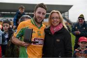 14 February 2015; Michael Lundy, Corofin, is presented with the Man of the Match award by Lisa Cooley, AIB. AIB GAA Football All-Ireland Senior Club Championship, Semi-Final, Corofin v St Vincent's. O'Connor Park, Tullamore, Co. Offaly. Picture credit: Ray McManus / SPORTSFILE