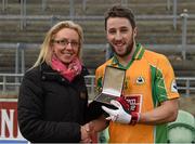 14 February 2015; Michael Lundy, Corofin, is presented with the Man of the Match award by Lisa Cooley, AIB. AIB GAA Football All-Ireland Senior Club Championship, Semi-Final, Corofin v St Vincent's. O'Connor Park, Tullamore, Co. Offaly. Picture credit: Ray McManus / SPORTSFILE