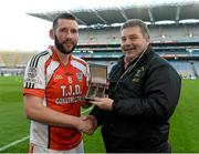 14 February 2015; Dave Curtin, Brosna, is presented with the Man of the Match award by Sean Healy, Regional Director, AIB. AIB GAA Football All-Ireland Junior Club Championship Final, John Mitchel's v Brosna. Croke Park, Dublin. Picture credit: Oliver McVeigh / SPORTSFILE
