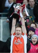 14 February 2015; Brosna captain Don McAuliffe lifts the cup after the game. AIB GAA Football All-Ireland Junior Club Championship Final, John Mitchel's v Brosna. Croke Park, Dublin. Picture credit: Oliver McVeigh / SPORTSFILE