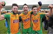 14 February 2015; Corofin's Conor Cunningham, Michael Farragher and his brother Martin Farragher celebrate at the final whistle. AIB GAA Football All-Ireland Senior Club Championship, Semi-Final, Corofin v St Vincent's. O'Connor Park, Tullamore, Co. Offaly. Picture credit: Ray Ryan / SPORTSFILE