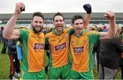 14 February 2015; Corofin's Conor Cunningham, Michael Farragher and his brother Martin Farragher celebrate at the final whistle. AIB GAA Football All-Ireland Senior Club Championship, Semi-Final, Corofin v St Vincent's. O'Connor Park, Tullamore, Co. Offaly. Picture credit: Ray Ryan / SPORTSFILE