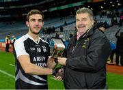 14 February 2015; David Griffin, Ardfert, is presented with the Man of the Match award by Sean Healy, Regional Director AIB. AIB GAA Football All-Ireland Intermediate Club Championship Final, Ardfert v St Croan's, Croke Park, Dublin. Picture credit: Oliver McVeigh / SPORTSFILE