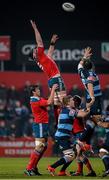 14 February 2015; Billy Holland, Munsters, takes the ball in the lineout against Josh Turnbull, Cardiff Blues. Guinness PRO12 Round 14, Munster v Cardiff Blues. Irish Independent Park, Cork. Picture credit: Matt Browne / SPORTSFILE