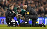 14 February 2015; Peter O'Mahony, Ireland, is attended to by physio James Allen, left, and team doctor Dr. Eanna Falvey. RBS Six Nations Rugby Championship, Ireland v France. Aviva Stadium, Lansdowne Road, Dublin. Picture credit: Brendan Moran / SPORTSFILE