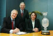 27 November 2007; At the announcement that AIB Group is the exclusive global partner of the 2011 Solheim Cup at Killeen Castle, Dunsany, Co. Meath, and title sponsor of the Ladies Irish Open for the next five years are, from left, Colm Doherty, Managing Director, AIB Capital Markets, Roddy Carr, Director, Killeen Castle, and Alexandra Armas, Executive Director, Ladies European Tour. A seven figure sum has been agreed over five years and the partnership includes Global Partner status for The 2009 and 2011 Solheim Cups and Title Sponsor of a Ladies Irish Open event commencing in 2008. The championship will take place on July 11 to 13 at a venue to be announced. AIB International Centre, IFSC, Dublin. Picture credit: Brendan Moran / SPORTSFILE