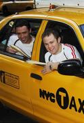 30 November 2007; Kilkenny All-Star Tommy Walsh and Galway's Alan Kerins in a taxi on 42nd Street. 2007 Vodafone GAA All-Stars Hurling Tour, The New York Helinsley Hotel, 42nd Street, New York, USA. Picture credit: Ray McManus / SPORTSFILE