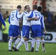 1 December 2007; Glen Ferguson, Linfield, centre, celebrates with team-mates Steven Douglas and Peter Thompson after scoring the first goal. Carnegie Premier League, Institute v Linfield, Drumahoe, Derry. Picture credit; Oliver McVeigh / SPORTSFILE