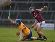 15 February 2015; Bobby Duggan, Clare, in action against David Collins, Galway. Allianz Hurling League, Division 1A, Round 1, Galway v Clare, Pearse Stadium, Galway. Picture credit: David Maher / SPORTSFILE
