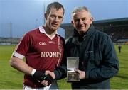 15 February 2015; Patsy Bradley, Slaughtneil, is presented with the Man of the Match Award by Stephen Comer, First Trust Bank. AIB GAA Football All-Ireland Senior Club Championship, Semi-Final, Austin Stacks v Slaughtneil, O'Moore Park, Portlaoise, Co. Laois. Picture credit: Brendan Moran / SPORTSFILE