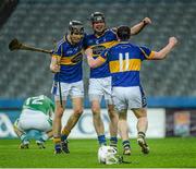 15 February 2015; O'Donovan Rossa teammates Stephen Shannon, Conor McClelland and Christopher McGuinness celebrate at the final whistle. AIB GAA Hurling All-Ireland Intermediate Club Championship Final, O'Donovan Rossa v Kilburn Gaels, Croke Park, Dublin. Picture credit: Oliver McVeigh / SPORTSFILE
