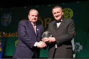 14 February 2015; Uachtaran Cumann Luthcleas Gael Liam O Neill makes a presentation to Quiz Master Micheal O Mairtin, right, after the All-Ireland Scór na nÓg Championship Finals 2015. Citywest Hotel, Saggart, Co. Dublin. Picture credit: Pat Murphy / SPORTSFILE