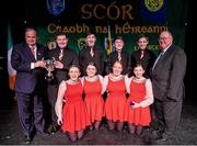 14 February 2015; The Aghamore, Co. Mayo, team, back row from left, Sean Freyne, James Freyne, Thomas Doherty and David Hession. Front row, from left, Anne Duffy, Eleanor Harrison, Rachel Lyons and Orna Hession are presented with their trophy by Uachtaran Cumann Luthcleas Gael Liam O Neill, left, and Liam O Laochdha, Cathaoirleach, Coiste Naisiunta Scor, right, after winning the Set Dancing competition during the All-Ireland Scór na nÓg Championship Finals 2015. Citywest Hotel, Saggart, Co. Dublin. Picture credit: Pat Murphy / SPORTSFILE