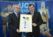 5 December 2007; UCD President Dr. Hugh Brady with Dr. Brendan Cuddihy, who accepted a special award on behalf of his niece, UCD scholarship athlete Joanne Cuddihy in recognition of her breaking the Irish 400m national record at the World Championships in Japan.   The UCD sports scholarship programme aims to develop elite athletes who can compete at the highest national and international level. University College Dublin, Belfield, Dublin. Picture credit: Matt Browne / SPORTSFILE