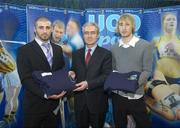 5 December 2007; UCD Athletics Scholars Padraig White (Meath) and Stephen Darcy (Carlow) with UCD President Dr. Hugh Brady (centre) at the announcement of the UCD Sports Scholarship recipients for the 2007/2008 academic year. The UCD sports scholarship programme aims to develop elite athletes who can compete at the highest national and international level. University College Dublin, Belfield, Dublin. Picture credit: Matt Browne / SPORTSFILE