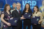 5 December 2007; UCD Camogie Scholars Susan O'Carroll (Kildare), Mary Leacy (Wexford) and Mairead Luttrell (Kilkenny) with UCD President Dr. Hugh Brady at the announcement of the UCD Sports Scholarship recipients for the 2007/2008 academic year. The UCD sports scholarship programme aims to develop elite athletes who can compete at the highest national and international level. University College Dublin, Belfield, Dublin. Picture credit: Matt Browne / SPORTSFILE