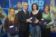 5 December 2007; UCD Ladies Gaelic Football Scholars Lisa Cafferkey (Mayo), Cliona O'Connor (Dublin) and Karen Kennedy (Dublin) with UCD President Dr. Hugh Brady at the announcement of the UCD Sports Scholarship recipients for the 2007/2008 academic year. The UCD sports scholarship programme aims to develop elite athletes who can compete at the highest national and international level. University College Dublin, Belfield, Dublin. Picture credit: Matt Browne / SPORTSFILE