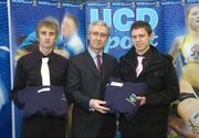 5 December 2007; UCD Soccer Scholars  Michael Kelly (Dublin) and Patrick Mullins (Limerick with Dr. Hugh Brady President of UCD pictured at the announcement  of the UCD Sports Scholarship recipients for the 2007/2008 academic year. The UCD sports scholarship programme aims to develop elite athletes who can compete at the highest national and international level. University College Dublin, Belfield, Dublin. Picture credit: Matt Browne / SPORTSFILE