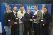 5 December 2007; UCD Soccer Scholars Ronan Finn (Dublin), Billy Brennan (Kilkenny), Evan McMillan (Dublin), Francis Moran (Dublin) and James O'Sullivan (Tipperary) with Dr. Hugh Brady President of UCD at the announcement of the UCD Sports Scholarship recipients for the 2007/2008 academic year. The UCD sports scholarship programme aims to develop elite athletes who can compete at the highest national and international level. University College Dublin, Belfield, Dublin. Picture credit: Matt Browne / SPORTSFILE