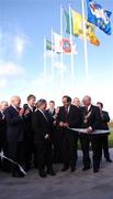 5 December 2007; President of UEFA Michel Platini and Minister for Arts, Sport & Tourism Seamus Brennan TD, cut the ribbon as, from left, Dan Flinter, Chairman of the National Sports Campus,  John Delaney, Chief Executive of the FAI, and President of the FAI David Blood look on, at the official opening of the new FAI Headquarters at the National Sports Campus in Abbotstown. Football Association of Ireland Headquarters, National Sports Campus, Abbotstown, Dublin. Picture credit: Brian Lawless / SPORTSFILE