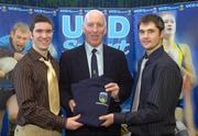5 December 2007; Brian Mullins, UCD Director of Sport, with Tipperary native, Colm Gleeson, left, hurling, and Carlow native Aaron Cox, hurling, who attended a reception for the announcement of the UCD Sports Scholarship recipients for the 2007/2008 academic year. The UCD sports scholarship programme aims to develop elite athletes who can compete at the highest national and international level. University College Dublin, Belfield, Dublin. Picture credit: Matt Browne / SPORTSFILE
