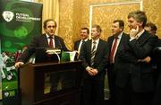 5 December 2007; UEFA President Michel Platini, in the company of, from right, John Delaney, Chief Executive, FAI, Packie Bonner, Technical Director, FAI, Derek O'Neill, Futsal Co-ordinator, FAI and Gerry McDermott, Communications Director, FAI, speaking at the launch of the FAI Futsal Development Programme. The Shelbourne Hotel, St. Stephen's Green, Dublin. Picture credit: Brendan Moran / SPORTSFILE  *** Local Caption ***