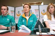 6 December 2007; Anne Keenan Buckley, team manager, with Mark Christie and Rebecca Ffrench-O'Carroll, who will be competing in the mens under-23 and junior women's events respectively, during a press conference ahead of the Spar European Cross Country Championships which takes place this Sunday in Toro, Spain. Westin Hotel, College Green, Dublin. Picture credit: Matt Browne / SPORTSFILE