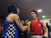 7 December 2007; Gavin Keating, St. Saviours OBA, left, and Graham Keating, St. Saviours OBA, wish each other good luck ahead of their 57Kg category championship bout at the National Intermediate Boxing Championships. Graham Keating.v.Gavin Keating, National Stadium, Dublin. Picture credit; Stephen McCarthy / SPORTSFILE *** Local Caption ***