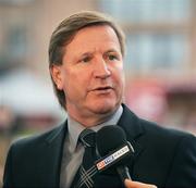 9 December 2007; Former Republic of Ireland player Ronnie Whelan is interviewed for TV before the start of the days racing. Punchestown Racing, Punchestown Racecourse, Co. Kildare. Picture credit: Caroline Quinn / SPORTSFILE