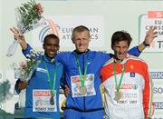 9 December 2007; Top three finishers in the Senior Men's race, from left, Mustafa Mohamed, Sweeden, second, Serhiy Lebid, Ukraine, first, and Rui Silva, Portugal, third, at the European Cross Country Championships. European Cross Country Championships, Monte La Reina, Toro, Spain. Picture credit; Stephen McCarthy / SPORTSFILE