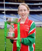 11 December 2007; Sarah Hawkshaw, St. Brigid's captain, celebrates with the Corn Austin Finn Cup after the match. Allianz Cumann na mBunscol Finals, Corn Austin Finn, St Brigid's, Castleknock v Loreto, Rathfarnham, Croke Park, Dublin. Picture credit; Caroline Quinn / SPORTSFILE