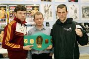 12 December 2007; Andy Lee with Promoter Brian Peters and Jason McKay at a press conference ahead of their Irish Super Middleweight title fight on Saturday. Andy Lee v Jason McKay Press Conference, Kronk Gym, Belfast, Co. Antrim. Picture credit; Oliver McVeigh / SPORTSFILE