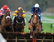 14 December 2007; Ninetieth Minute, right, with Tom Ryan up, jumps the last on the way to winning the Christmas Vouchers at Gowran Golf Shop Maiden Hurdle, from eventual second Sky Hill, far left, with Paul Carberry up, and eventual third Sanglote, with Barry Geraghty up. Gowran Park, Co. Kilkenny. Picture credit: Matt Browne / SPORTSFILE