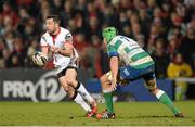 13 February 2015; Ian Humphreys, Ulster, is tackled by Dean Budd, Treviso.  Guinness PRO12, Round 14, Ulster v Treviso, Kingspan Stadium, Ravenhill Park, Belfast. Picture credit: Oliver McVeigh / SPORTSFILE