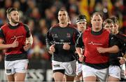 13 February 2015; Stuart McCloskey, Ruan Pienaar, and Bronson Ross, Ulster, during the warm up.  Guinness PRO12, Round 14, Ulster v Treviso, Kingspan Stadium, Ravenhill Park, Belfast. Picture credit: Oliver McVeigh / SPORTSFILE