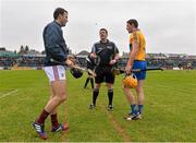 15 February 2015; Referee Brian Gavin with captains Cian Dillion, Clare, and David Collins, Galway. Allianz Hurling League, Division 1A, Round 1, Galway v Clare, Pearse Stadium, Galway. Picture credit: David Maher / SPORTSFILE