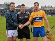 15 February 2015; Referee Brian Gavin with captains Cian Dillion, Clare, and David Collins, Galway. Allianz Hurling League, Division 1A, Round 1, Galway v Clare, Pearse Stadium, Galway. Picture credit: David Maher / SPORTSFILE