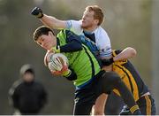 4 February 2015; Tadgh Lowe and Conor Boyle, DCU, in action against Kieran Hughes, UUJ. Independent.ie Sigerson Cup, Round 1, UUJ v DCU. University of Ulster Jordanstown, Jordanstown, Co. Antrim. Picture credit: Oliver McVeigh / SPORTSFILE