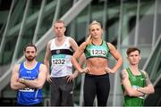 17 February 2015; Athletes, from left, Gerard O’Donnell, 60m, John Travers, 1500m and 3000m, Kelly Proper, Long Jump, 60m and 200m, and Ciaran O’Lionaird, 1500m and 3000m, in attendance at the GloHealth Senior Indoor Championships Preview. Marker Hotel, Dublin. Picture credit: Pat Murphy / SPORTSFILE