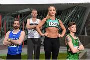 17 February 2015; Athletes, from left, Gerard O’Donnell, 60m, John Travers, 1500m and 3000m, Kelly Proper, Long Jump, 60m and 200m, and Ciaran O’Lionaird, 1500m and 3000m, in attendance at the GloHealth Senior Indoor Championships Preview. Marker Hotel, Dublin. Picture credit: Pat Murphy / SPORTSFILE
