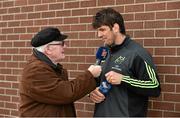 17 February 2015; Munster's Donncha O'Callaghan speaks to Len Dineen of Limerick's Live 95fm during a press conference. University of Limerick, Limerick. Picture credit: Diarmuid Greene / SPORTSFILE
