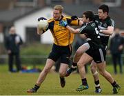 11 February 2015; Conor McGreanor, DCU, in action against Conor Clarke and Paddy McBride, St Mary's College, Belfast. Independent.ie Sigerson Cup, Quarter-Final, St Mary's College, Belfast v DCU. St Genevieves High School, Belfast, Co. Antrim.  Picture credit: Oliver McVeigh / SPORTSFILE