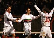 15 December 2007; Glentoran's Michael Halliday, centre, celebrates his goal with team-mates Daryl Fordyce, left, and Gary Hamilton. Carnegie Premier League, Glentoran v Crusaders, The Oval, Belfast, Co. Antrim. Picture credit: Peter Morrison / SPORTSFILE