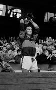 17 March 1989; Tony Nation, Nemo Rangers captain, lifts the Andy Merrigan Cup after victory over Clann Na nGael. All Ireland Senior Football Club Final, Nemo Rangers, Cork, v Clann Na nGael, Co. Roscommon, Croke Park, Dublin. Picture credit; Ray McManus / SPORTSFILE