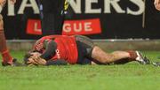 27 December 2007; Ian Dowling, Munster, lies on the pitch before being stretchered off with a leg injury. Magners League, Munster v Connacht, Musgrave Park, Cork. Picture credit; Brendan Moran / SPORTSFILE