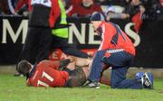 27 December 2007; Ian Dowling, Munster, holds his leg while being attended to by medical staff before being stretchered off. Magners League, Munster v Connacht, Musgrave Park, Cork. Picture credit; Brendan Moran / SPORTSFILE