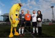16 February 2015; Dundalk players Stephen O'Donnell, left, Paddy Barrett, and Gary Rogers, right, with Emma Hunt Duffy, Sales and Marketing manager, Fyffes, and mascot Freddy Fyffes, at an event to announce Fyffes' continued sponsorship of SSE Airtricity League champions Dundalk FC for the forthcoming 2015 season. Oriel Park, Dundalk, Co. Louth. Photo by Sportsfile
