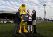 16 February 2015; Gerry Cunningham, Managing Director, Fyffes Ireland, with Dundalk's Stephen O'Donnell, Emma Hunt Duffy, Sales and Marketing Manager, Fyffes, and mascot Freddy Fyffes, at an event to announce Fyffes' continued sponsorship of SSE Airtricity League champions Dundalk FC for the forthcoming 2015 season. Oriel Park, Dundalk, Co. Louth. Photo by Sportsfile
